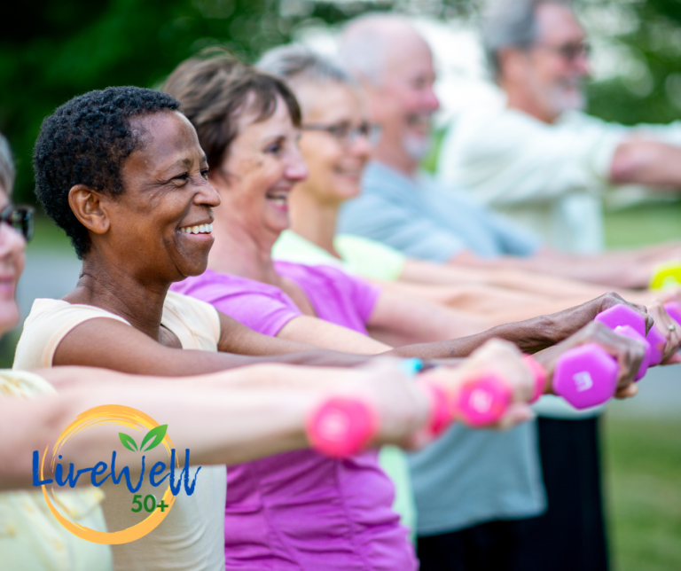 Mature people enjoying exercising with dumbbells
